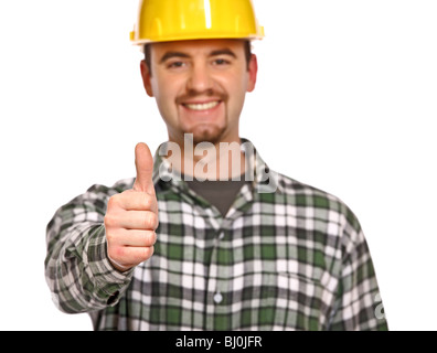 Happy handyman thumb up isolé sur fond blanc Banque D'Images