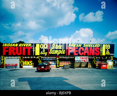 L'affichage en couleur à un stand de fruits en bordure de la sortie Rt. 95 et Rt. 207 près de St Augustine, Floride, USA Banque D'Images