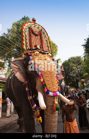 L'Inde, Kerala, Cochin, Uthsavom Parayeduppu d'Ernakulam, festival de l'éléphant procession caparisoned éléphant avec mahout Banque D'Images