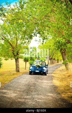 Voiture de mariage on country road Banque D'Images