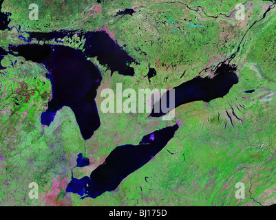 Haut sur le Sud de l'Ontario et des Grands Lacs inférieurs. Une haute résolution, fausses couleurs composite satellite Landsat Banque D'Images