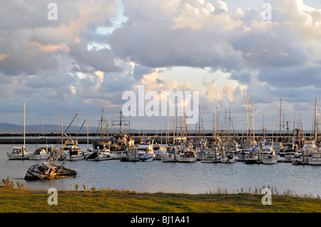 Bateaux amarrés à Pillar point Harbor, Half Moon Bay, Californie, avec un voilier coulé au premier plan sous les nuages spectaculaires du soir et la lumière dorée. Banque D'Images