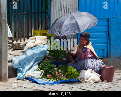 Cholita, femme du marché, vend de la nourriture dans un marché à la Paz, Bolivie, Amérique du Sud Banque D'Images