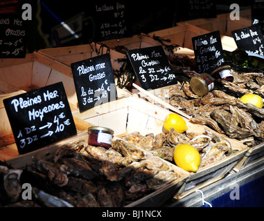 Les huîtres sur l'affichage à un décrochage du marché de fruits de mer à Paris, Boulevard Richard Lenoir à Bastille, Paris Banque D'Images