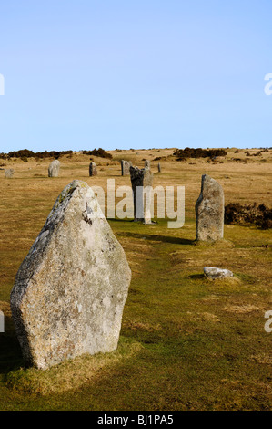 La ' ' the hurlers permanent ancienne des pierres sur des larbins sur Bodmin Moor en Cornouailles, Royaume-Uni Banque D'Images