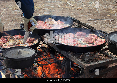 Le mouton des steaks et côtelettes d'agneau en cuisson casseroles en fonte sur un feu en plein air. Cowboy et sheep camp barbecue. Banque D'Images