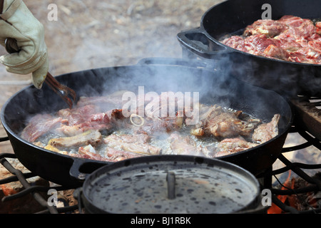 Mouton et agneau des steaks et côtelettes de cuisson casseroles en fonte sur un feu en plein air. Cowboy et sheep camp barbecue. Banque D'Images