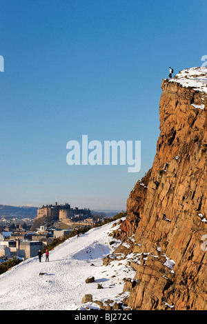 Les promeneurs sur la route ci-dessous Radical Salisbury Crags avec vue sur le château d'Édimbourg, Écosse, Royaume-Uni. Banque D'Images