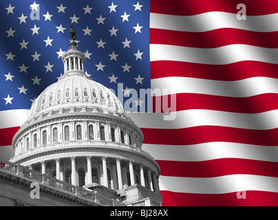 Dôme du Capitole de Washington DC avec ridée drapeau Américain Banque D'Images