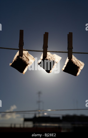 3 sachets de thé de séchage suspendus sur une ligne de lavage avec ciel bleu rétroéclairé par le soleil sur une ville ligne d'horizon frugalité coût de la vie crise réutilisation réutilisation recyclage Banque D'Images