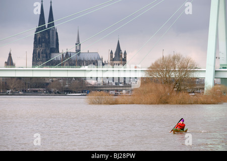 Canotage sur un canoniste inondé Rhin, Cologne, Allemagne du Nord, Rhine-Westestphalia. Banque D'Images