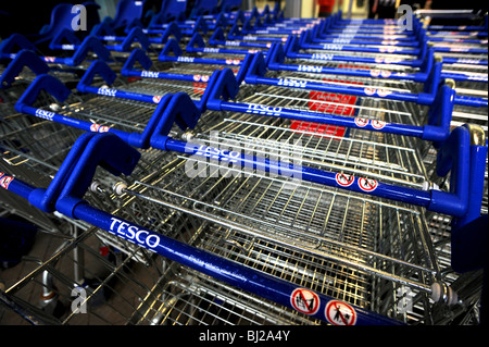 Rangées de Tesco trollies alignés à l'extérieur du supermarché Banque D'Images