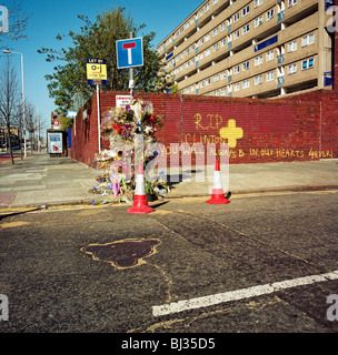 Ce mémorial a été placé à l'endroit où un jeune homme appelé 'Clinton' est mort sur l'A1206 Manchester Road, Londres, Angleterre Banque D'Images