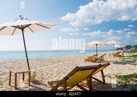 Des chaises longues et des parasols sur la plage de sable, Klong Nin Beach, Ko Lanta ou l'île de Koh Lanta, Krabi, Thaïlande, Asie Banque D'Images