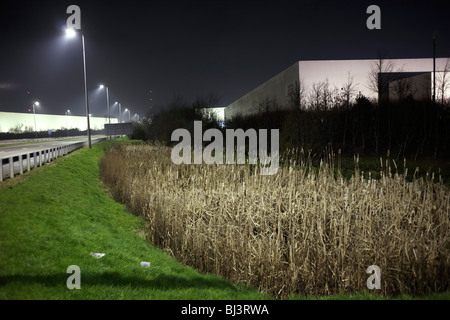 Un paysage d'entrepôt logistique industrielle est éclairé à la lumière de l'éclairage public de la route. Banque D'Images