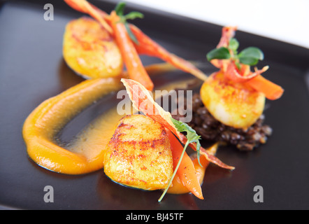 Trio de pétoncles sur les lentilles au curry, purée de courge musquée et croustillant de jambon de Parme Banque D'Images