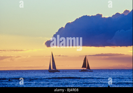 Voiliers au large de la plage de Waikiki Honolulu Oahu Hawaii USA Banque D'Images