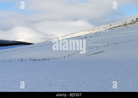 Les champs et les collines couvertes de neige de Glenbuchat dans Aberdeenshire Ecosse partie du Parc National de Cairngorms Banque D'Images