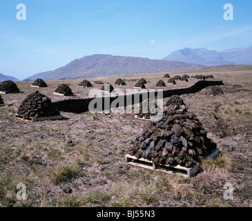 Caisses empilées sur gazon pour sécher dans un marais dans le Connemara à l'ouest de l'Irlande Banque D'Images