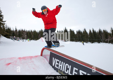 Snowboardeur dans un parc de terrain lors d'une journée d'hiver couvert à les montagnes Banque D'Images