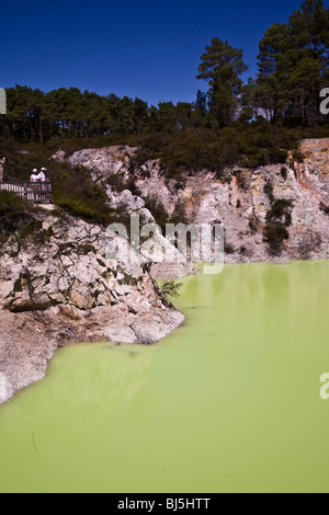 Baignoire du diable est un cratère rempli d'eau une couleur naturelle jaune vert de chaux vive par le soufre et les sels ferreux Nouvelle-zélande Banque D'Images