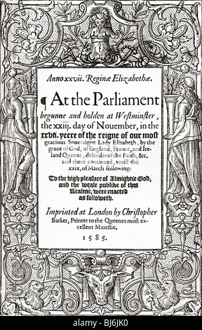 Page de titre de lois du Parlement, 1585. Banque D'Images