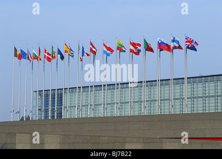 Drapeaux des États membres de l'UE devant le Parlement européen, à Strasbourg, France Banque D'Images