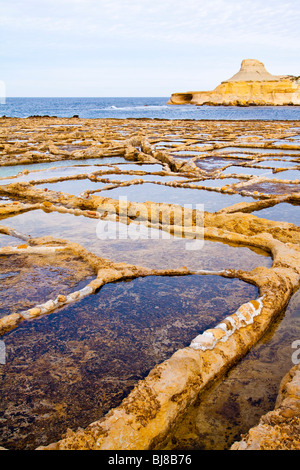 La production de sel à côte de Gozo, Malte Banque D'Images