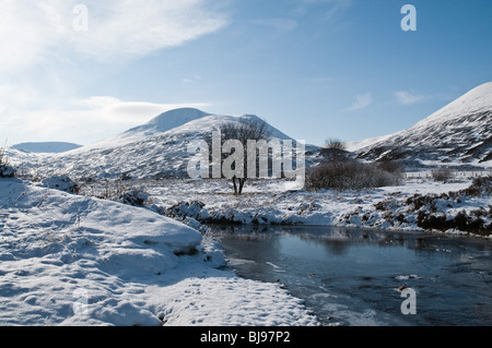 dh BALSPORRAN INVERNESSSHIRE Snowy scottish glen scotland scène d'hiver rivière neige collines couvertes paysage paysage ciel bleu Banque D'Images