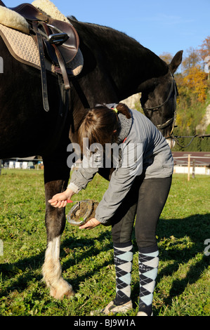 Le raclage de fille de sabot d'un cheval avec un sabot pick Banque D'Images