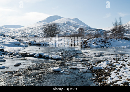 dh BALSPORRAN INVERNESSSHIRE Snowy scottish glen scotland scène d'hiver rivière neige collines couvertes montagnes snowscape scènes royaume-uni personne paysage de pays Banque D'Images