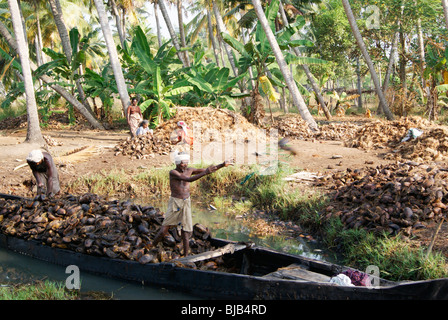 Coir Processing Small Industry.Raw Material coconut Husk is collected and transport through backwaters of Kerala to the Industry Banque D'Images