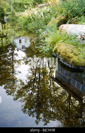 Reflet de maison et arbres sur la surface du lac encore Banque D'Images