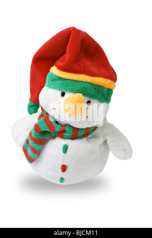 Doux Noël jouet poilu - gai bonhomme blanc avec rouge Santa hat and scarf bandes verte et rouge isolé sur fond blanc Banque D'Images