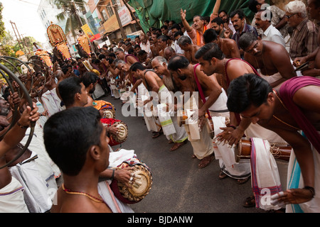 L'Inde, Kerala, Cochin, Ernakulam Uthsavom Parayeduppu elephant festival, procession, Panchavadyam orchestra Banque D'Images