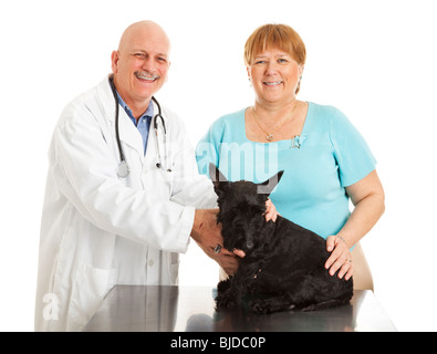 Le traitement vétérinaire le chien d'une femme. Les deux sont en souriant. Isolé sur blanc. Banque D'Images