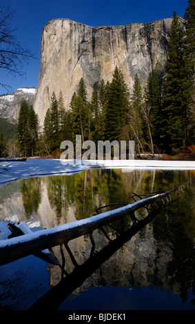 El Capitan mountain reflète dans la Merced River en hiver de Cathedral Beach avec un journal couvert de neige dans le Parc National de Yosemite Valley en Californie Banque D'Images