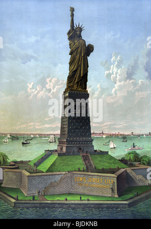 Lithographie impression couleur Vintage circa 1883 de la Statue de la Liberté - officiellement intitulée "La Liberté éclairant le monde". Banque D'Images