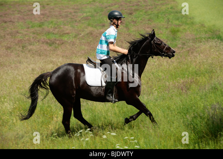 Teenage boy riding un étalon noir Banque D'Images