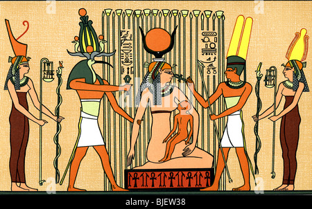 Dans cette peinture de mur égyptien, Isis, la déesse Mère (ici assis), son fils Horus nichons dans un marais de papyrus. Banque D'Images