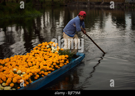 Un homme utilise un poteau pour naviguer son bateau rempli de fleurs à travers un canal à Xochimilco sur le côté sud de la ville de Mexico Banque D'Images