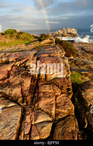 Arc-en-ciel sur l'océan par une côte rocheuse, coucher de soleil, Hermanus, South Western Cape, Afrique du Sud Banque D'Images