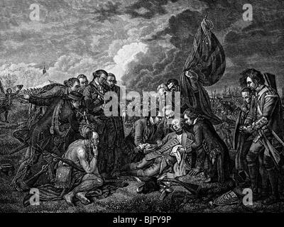 Wolfe, James, 2.1.1726 - 13.9.1759, général britannique, mort dans la bataille des plaines de Saint Abraham, gravure sur bois, XIXe siècle, après peinture de Benjamin West, 1770, , Banque D'Images