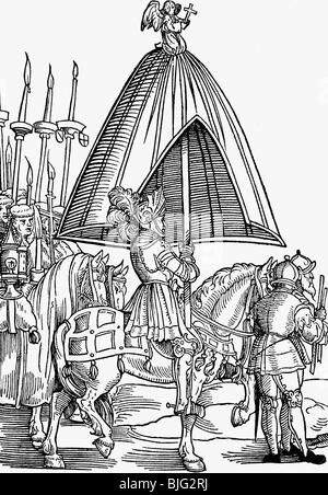 Religion, christianisme, conseils, Conseil de Constance, 1414 - 1417, procession, chevalier avec verrière, boisé de Joerg Breu l'Elder, chroniques d'Ulrich von Richental, imprimé par Steyner, Ausgburg, 1536, âge moyen, Allemagne, XVe siècle, historique, Jorg, médiéval, peuple, Banque D'Images