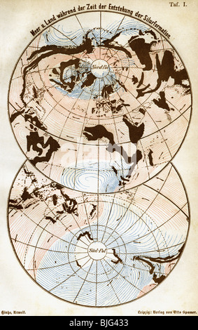 Cartographie, cartes du monde, mer et terre au moment de la formation silurienne, illustration, gravure sur bois, vers 1870, Banque D'Images