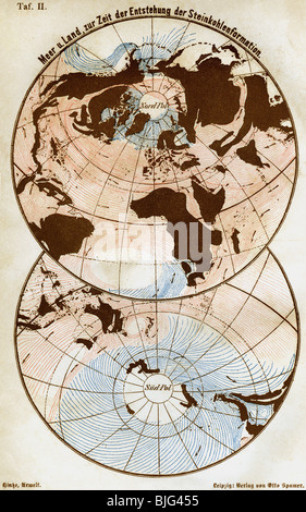 Cartographie, cartes du monde, mer et terre au moment de la formation d'anthracite, illustration, gravure sur bois, vers 1870, Banque D'Images