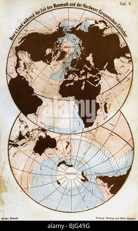 cartographie, cartes du monde, mer et terre à l'âge glaciaire, illustration, gravure sur bois, vers 1870, Banque D'Images