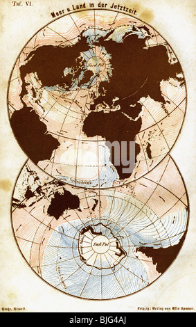 cartographie, cartes du monde, mer et terre à l'heure actuelle, illustration, gravure sur bois, vers 1870, Banque D'Images