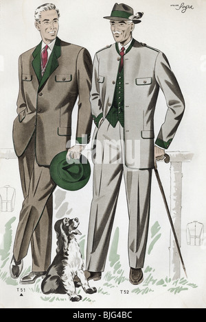 Mode, années 1950, vêtements, vêtements, mode pour hommes, deux costumes traditionnels pour hommes, illustration de: 'Trachtenmodelle fuer Damen und Herren', no 2, Vienne, Autriche, vers 1950, Banque D'Images