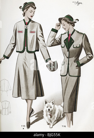 Mode, années 1950, vêtements, vêtements, mode pour femmes, manteaux et jupes traditionnels d'Autriche pour femmes, illustration de: 'Trachtenmodelle fuer Damen und Herren', No 2, Vienne, Autriche, vers 1950, Banque D'Images